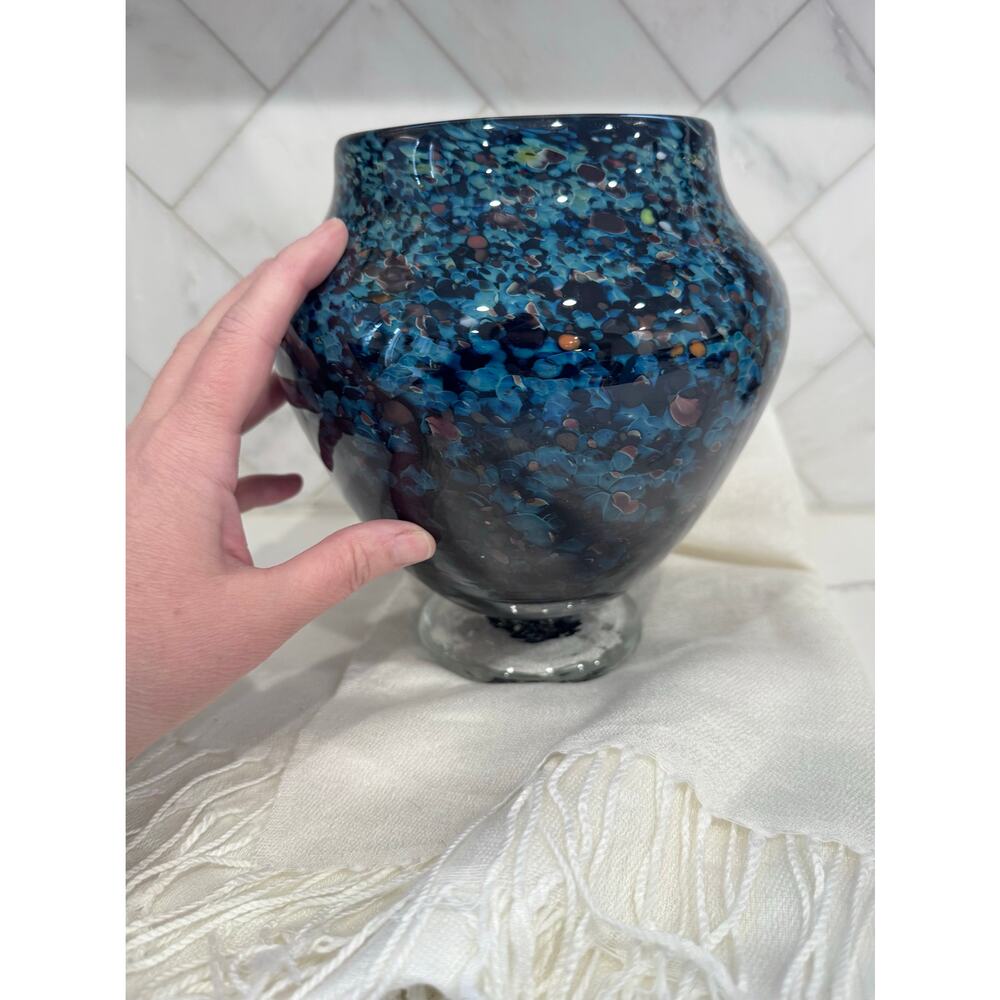 Signed Studio Art Glass Vase Blue Confetti Speckled Pedestal Foot